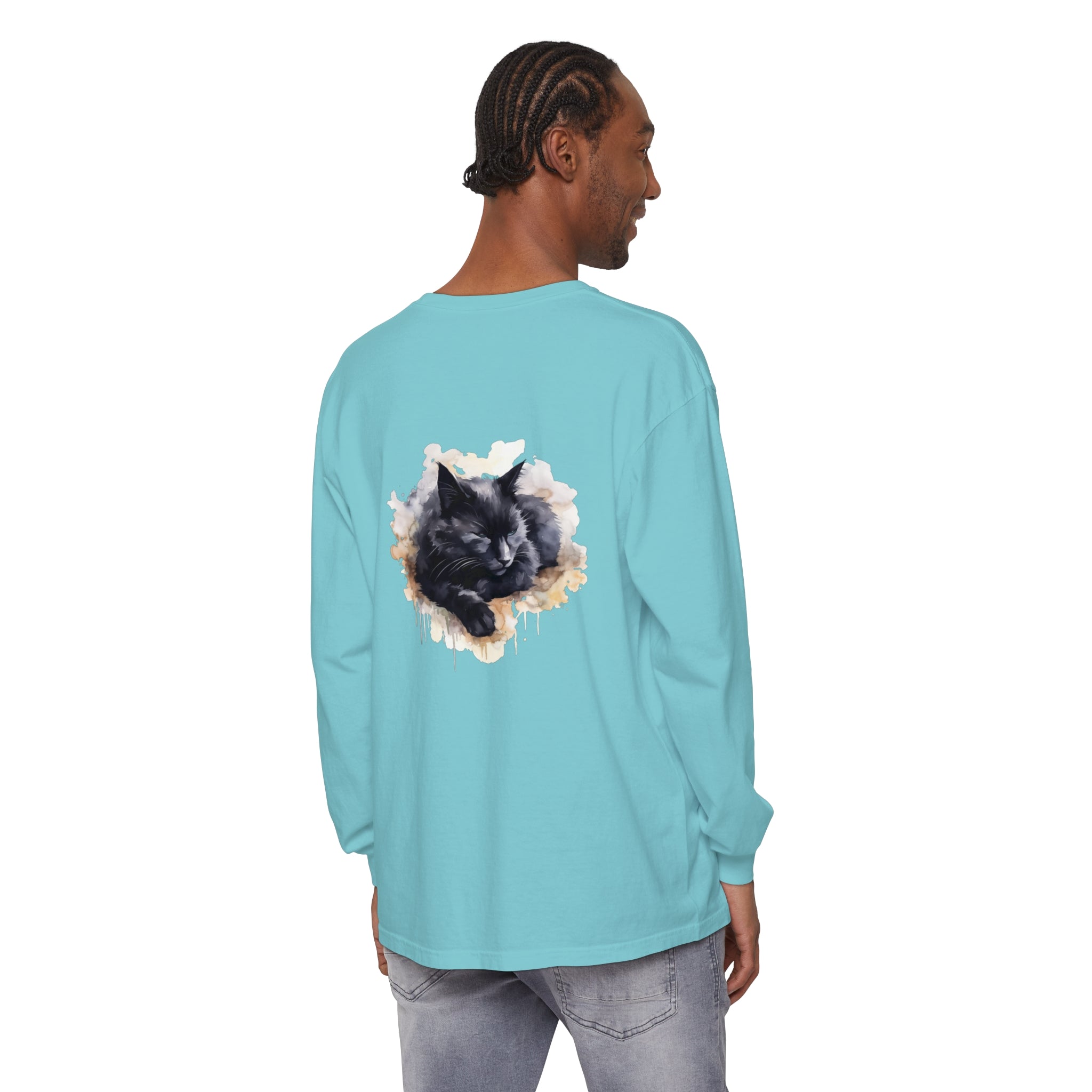 Beautiful black cat watercolor t-shirt with a sleeping feline design