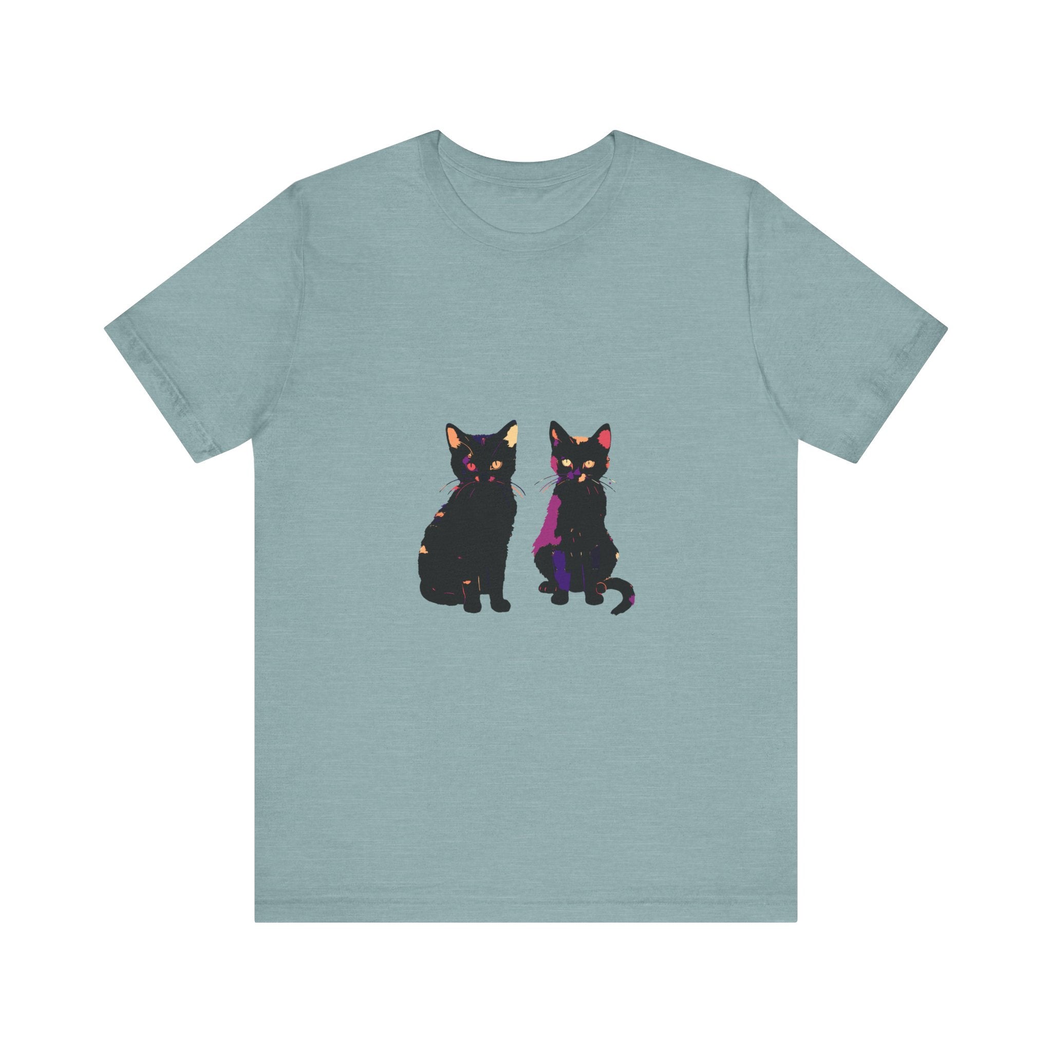 A close-up image of the Black Cat Mystery T-Shirt, showcasing its elegant and colorful design with a mysterious black cat motif against a dark background