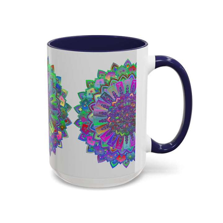 Intricately designed mandala art mug with colorful and detailed patterns in vibrant reds and oranges