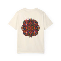 Handmade unisex Halloween Mandala T-shirt featuring intricate pumpkin mandala art on garment-dyed tee