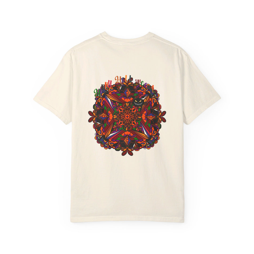 Handmade unisex Halloween Mandala T-shirt featuring intricate pumpkin mandala art on garment-dyed tee