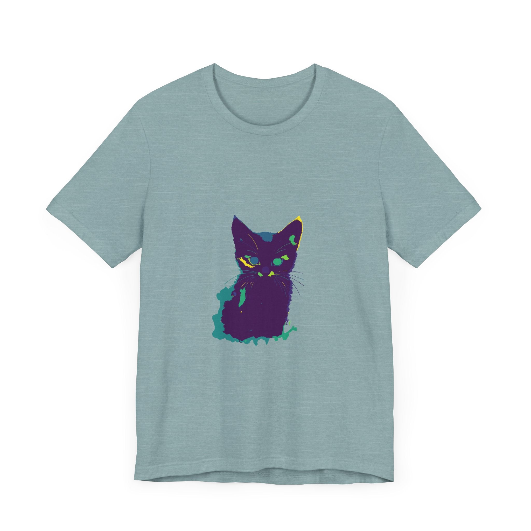 A colorful whimsical cat silhouette tee, perfect for cat lovers