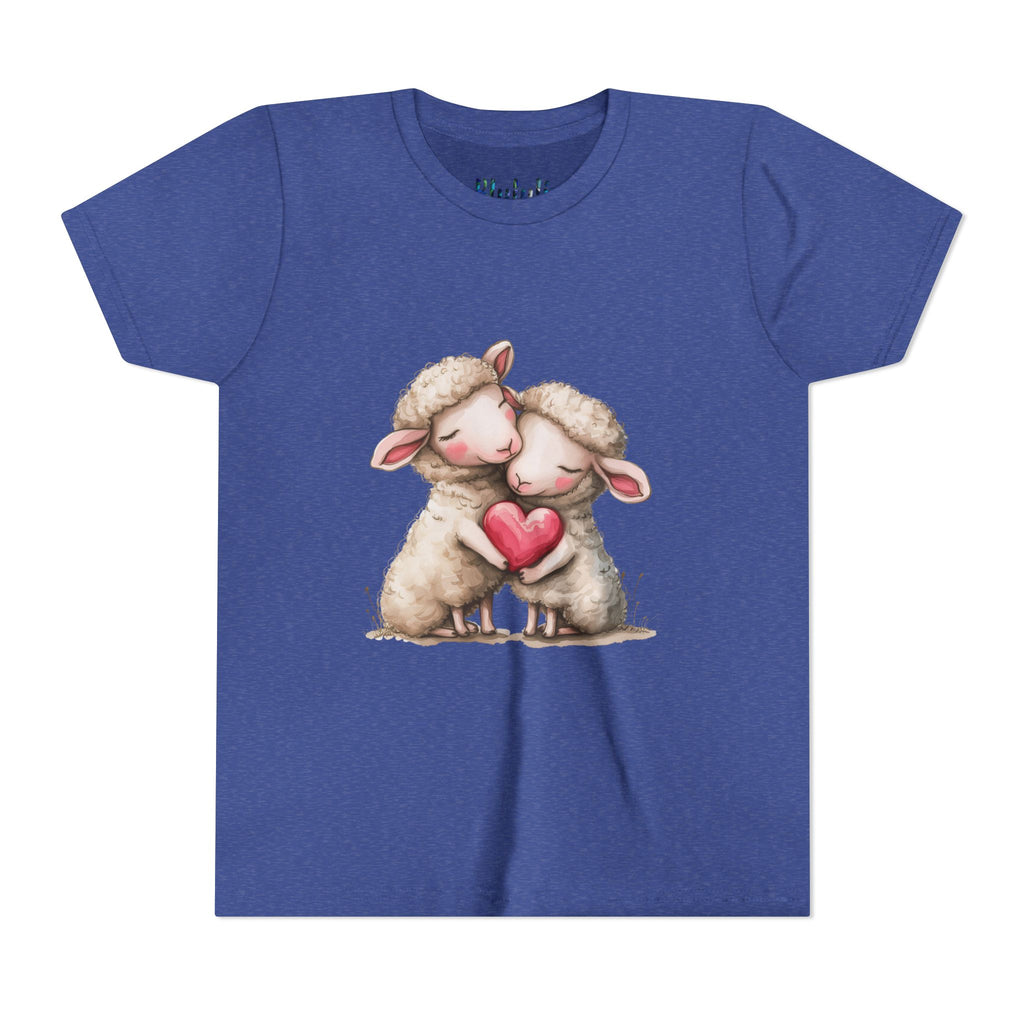 Youth Tee - Cartoon Sheeps Hugging Heart, Cute and Lovely Design
