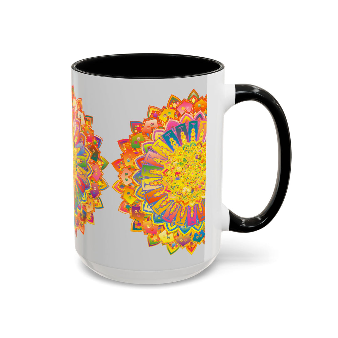 Colorful mandala mug featuring vibrant and intricate art on a grey background