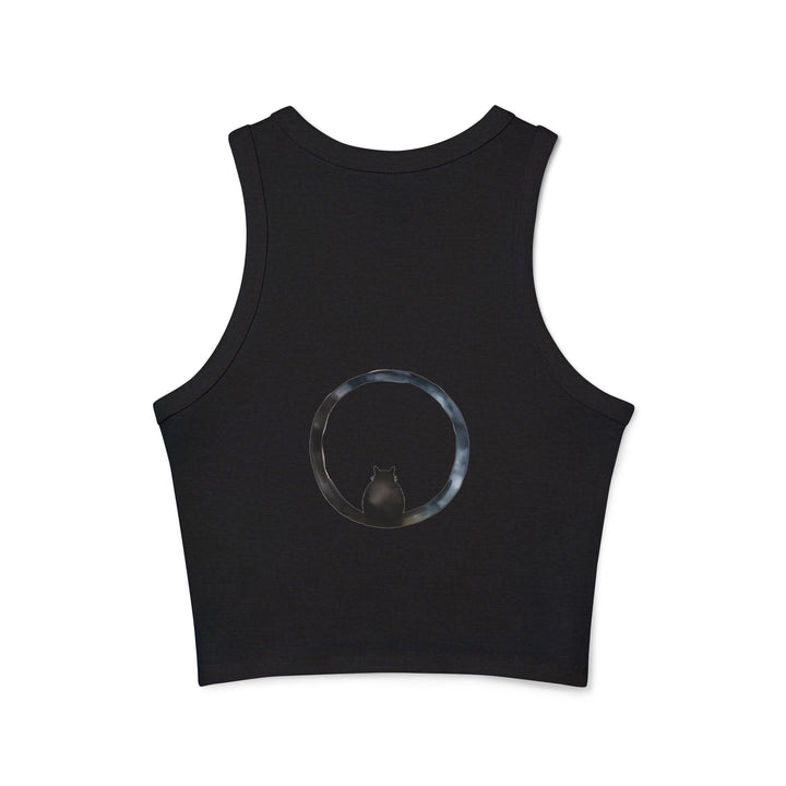 Black racerback tank top with cosmic design and enigmatic patterns