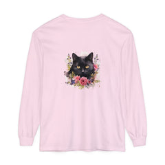 Black Cat Floral Watercolor Long Sleeve T-Shirt with vibrant and detailed watercolor floral design featuring a graceful black cat, perfect for cat lovers and nature enthusiasts