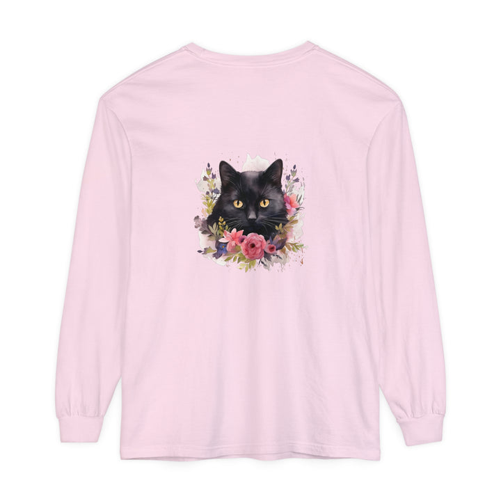 Black Cat Floral Watercolor Long Sleeve T-Shirt with vibrant and detailed watercolor floral design featuring a graceful black cat, perfect for cat lovers and nature enthusiasts