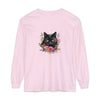 Black Cat Floral Watercolor Long Sleeve T-Shirt with vibrant and detailed watercolor floral design featuring a graceful black cat, perfect for cat lovers and nature enthusiasts