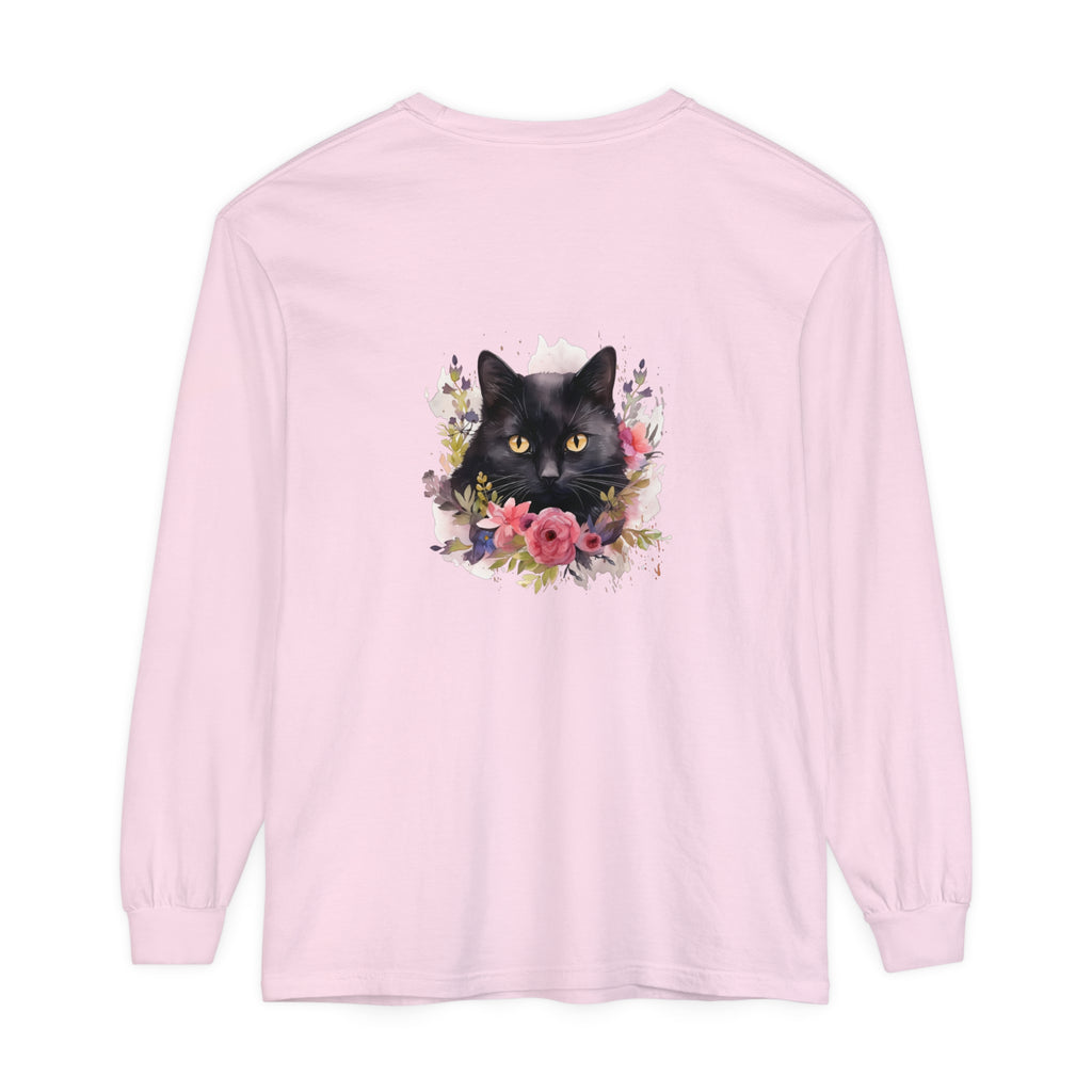 Black Cat Floral Watercolor Long Sleeve T-Shirt with vibrant and detailed watercolor floral design featuring a graceful black cat, perfect for cat lovers and nature enthusiasts