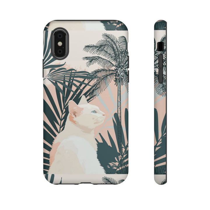 Tropische Katzen-Telefonhülle mit üppigen Palmenmotiven und sanften Pastelltönen
