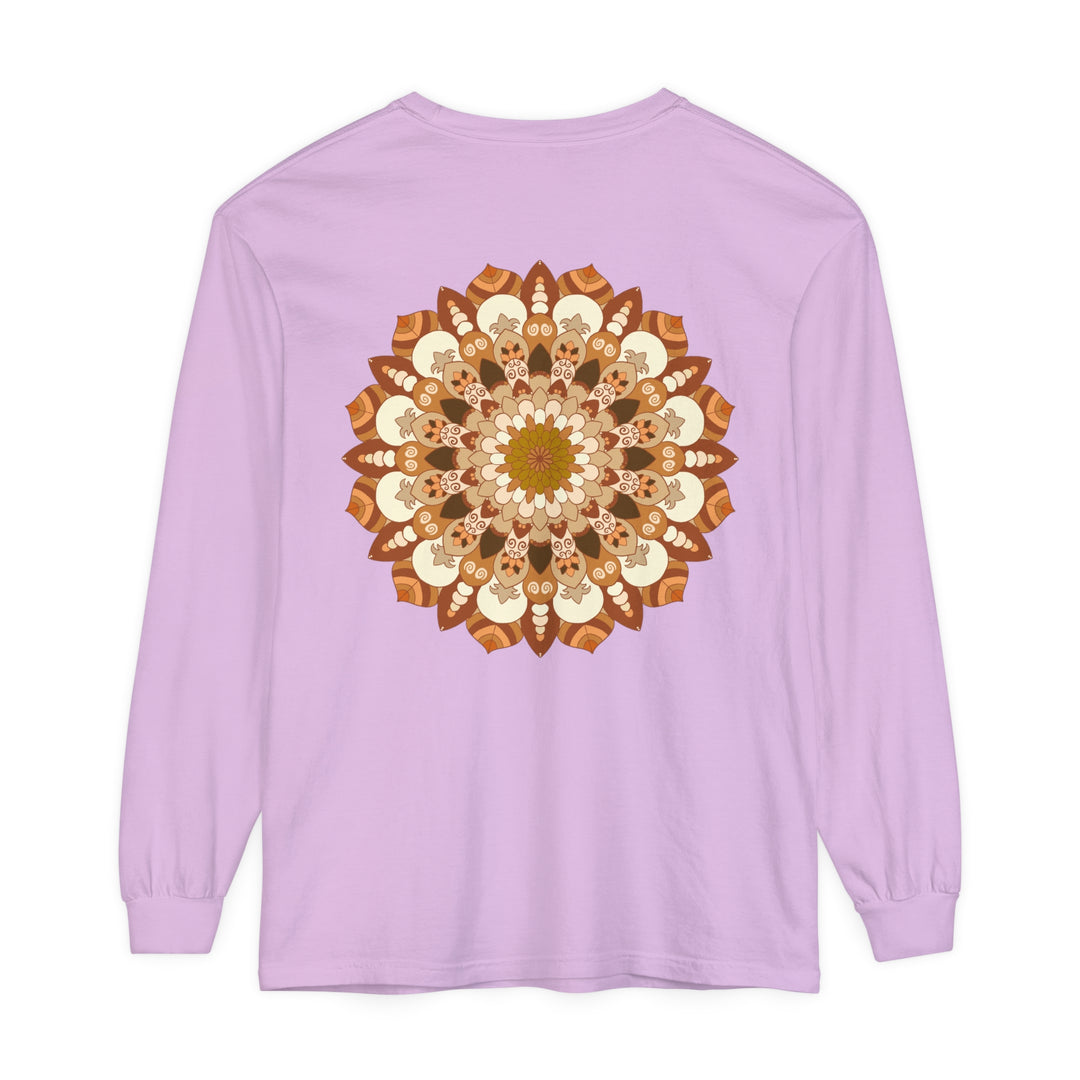 A detailed black and white mandala design on a unisex long sleeve t-shirt