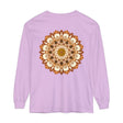 A detailed black and white mandala design on a unisex long sleeve t-shirt