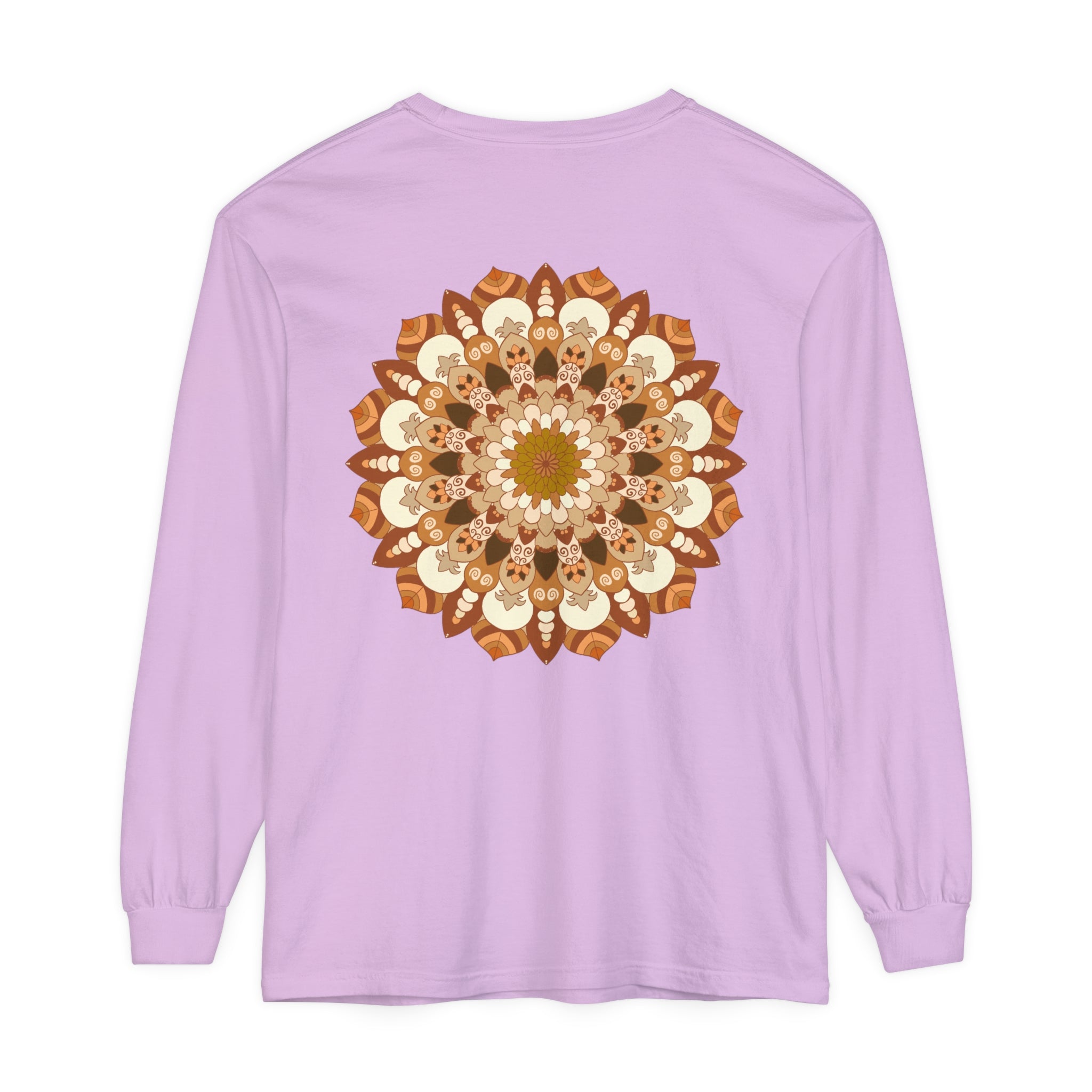 A detailed black and white mandala design on a unisex long sleeve t-shirt