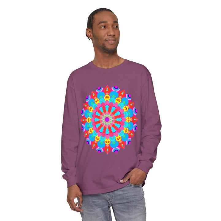 Vibrant and intricate colorful mandala design on unisex long sleeve T-shirt