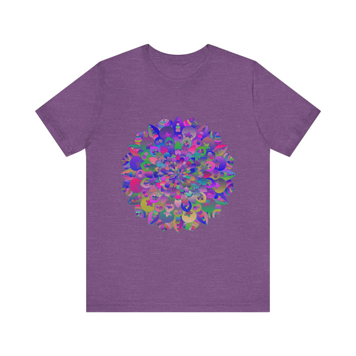 A close-up image of a vibrant mandala t-shirt featuring spiritual art designs