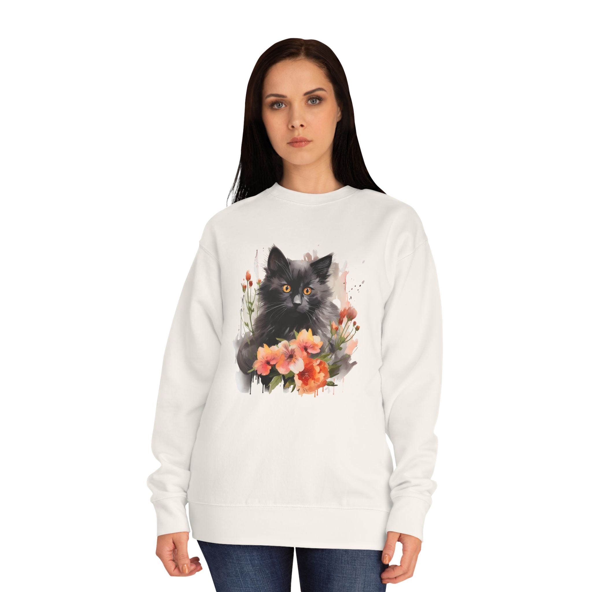 Schwarze Katze und blühende Blumen Weiches Baumwoll-Sweatshirt
