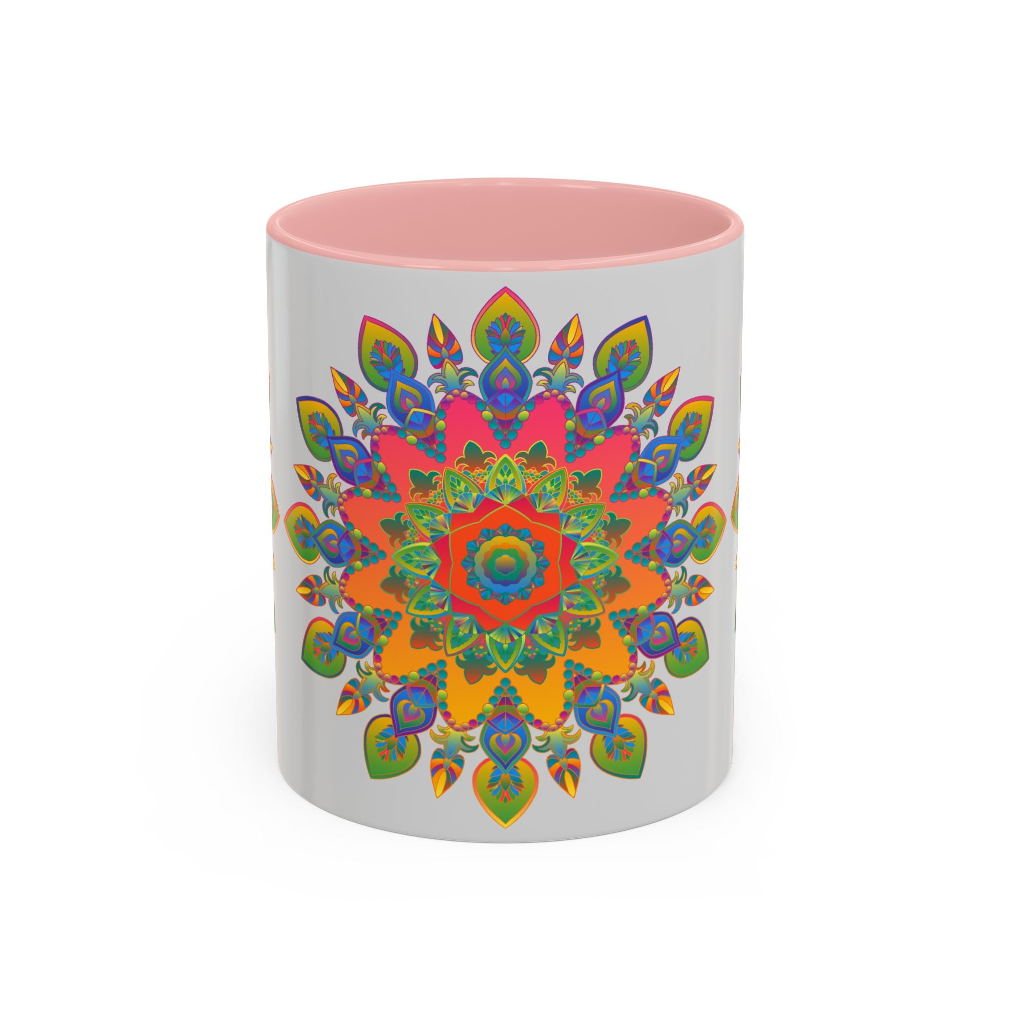 Colorful mandala mug featuring intricate and vibrant art on a grey background