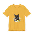 Black cat with piercing yellow eyes printed on a comfortable t-shirt
