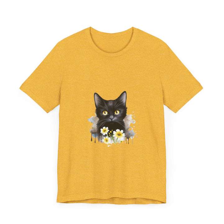 Black cat with piercing yellow eyes printed on a comfortable t-shirt