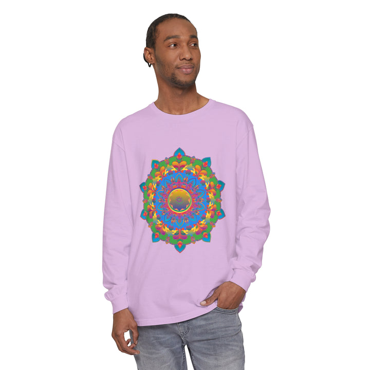 Colorful and detailed mandala design on a comfortable, long sleeve t-shirt