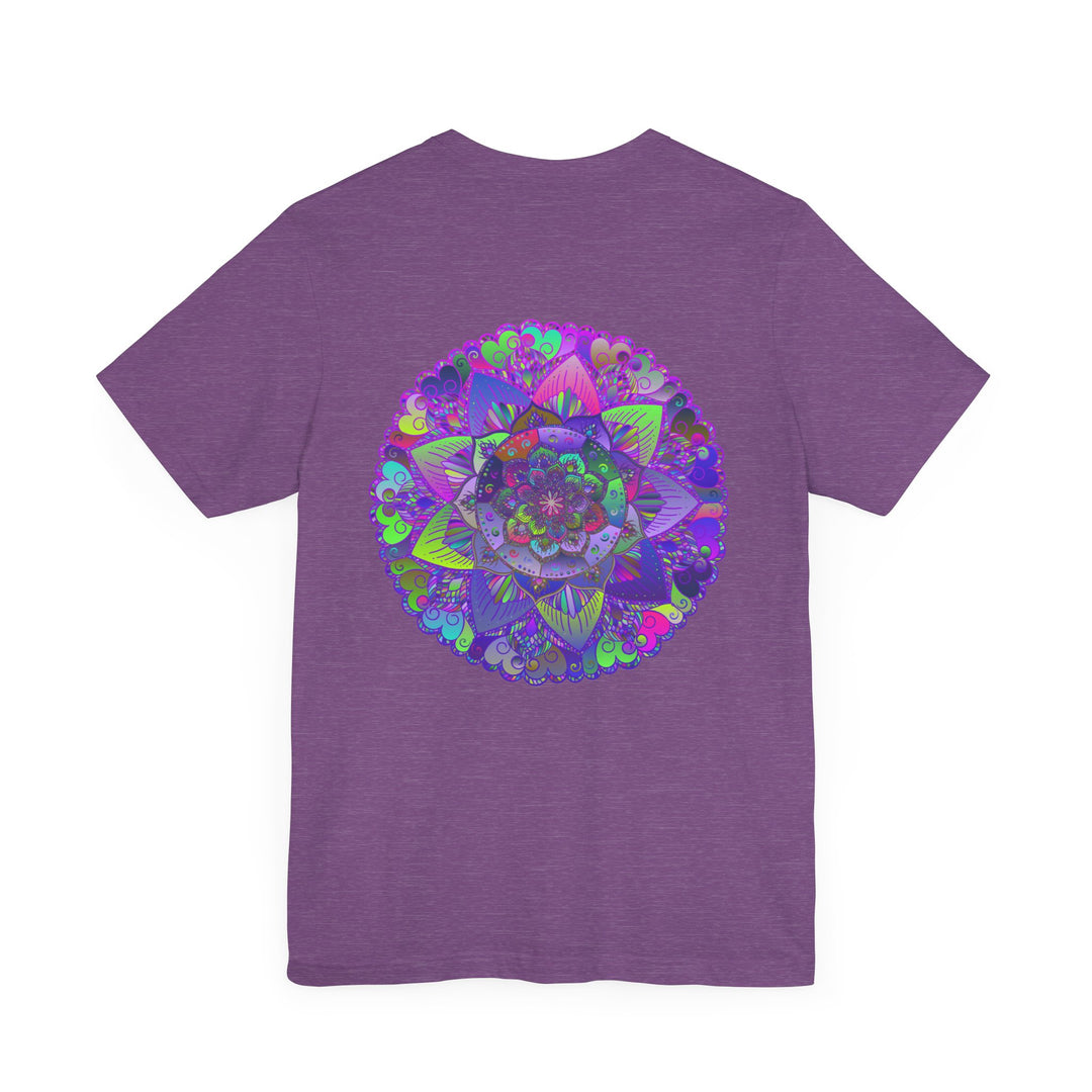 A colorful and intricate mandala design tee shirt promoting spiritual peace and harmony