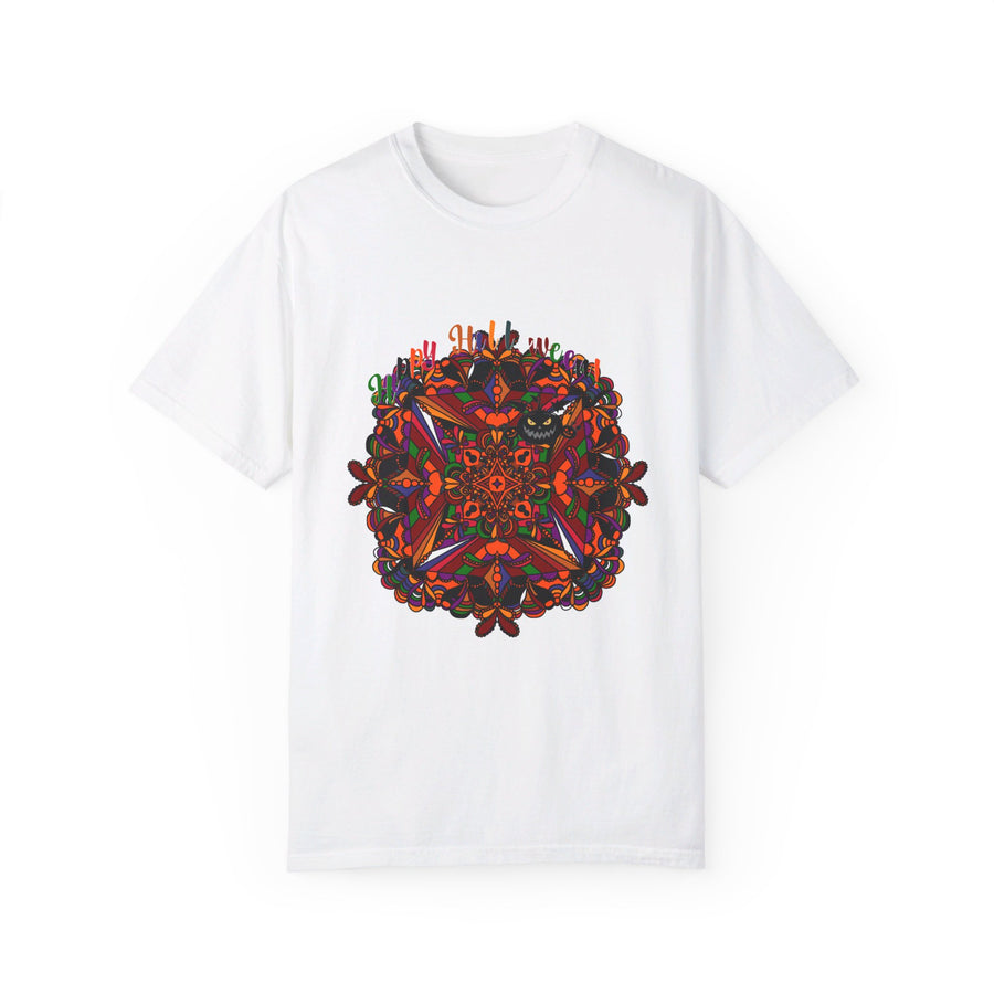 Unisex Halloween Mandala T-shirt featuring a handmade pumpkin mandala design on a garment-dyed tee