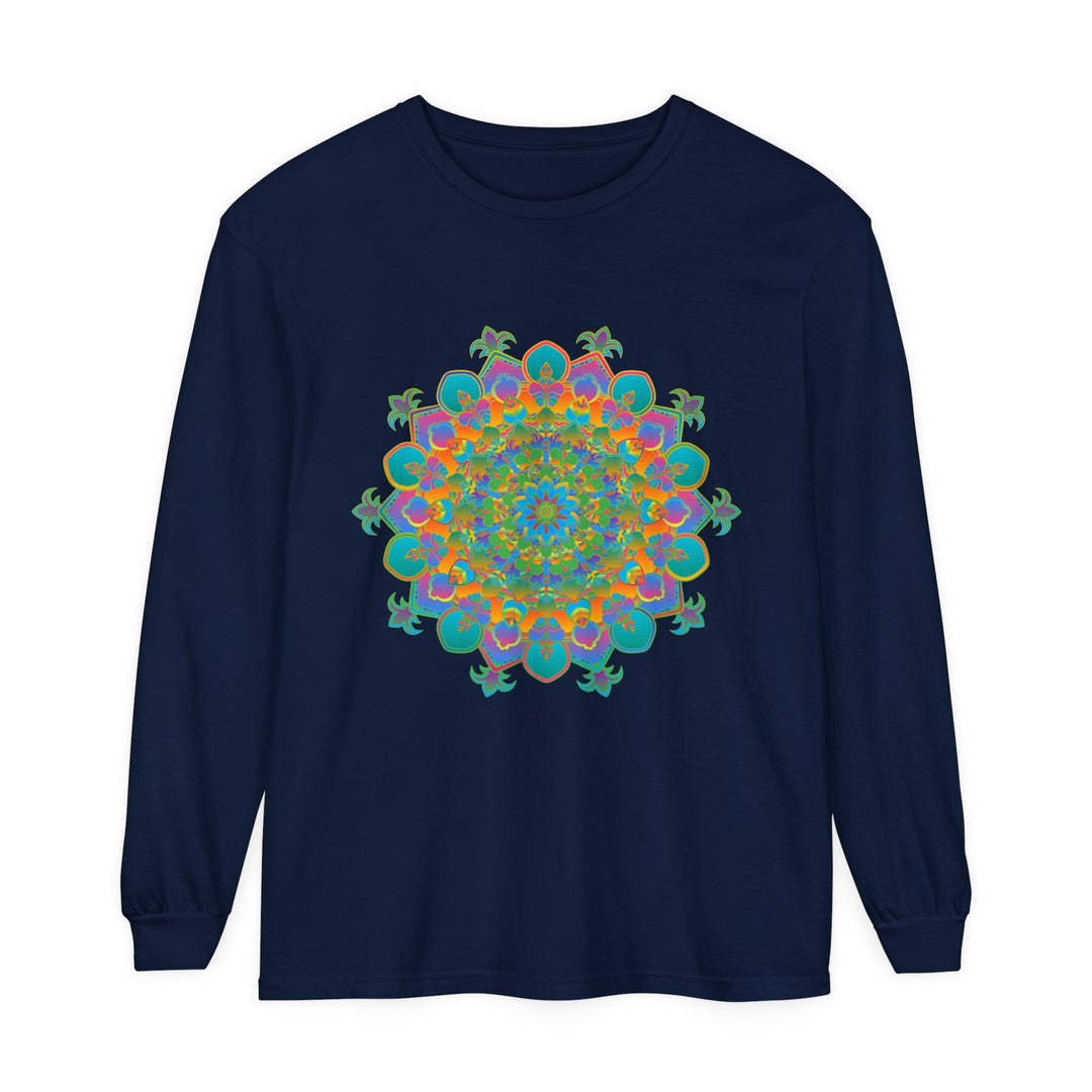 Colorful and intricate mandala design long sleeve t-shirt, suitable for both men and women, creates a vibrant and eye-catching look