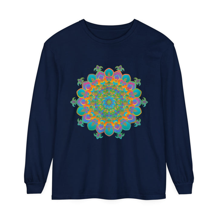 Colorful and intricate mandala design long sleeve t-shirt, suitable for both men and women, creates a vibrant and eye-catching look