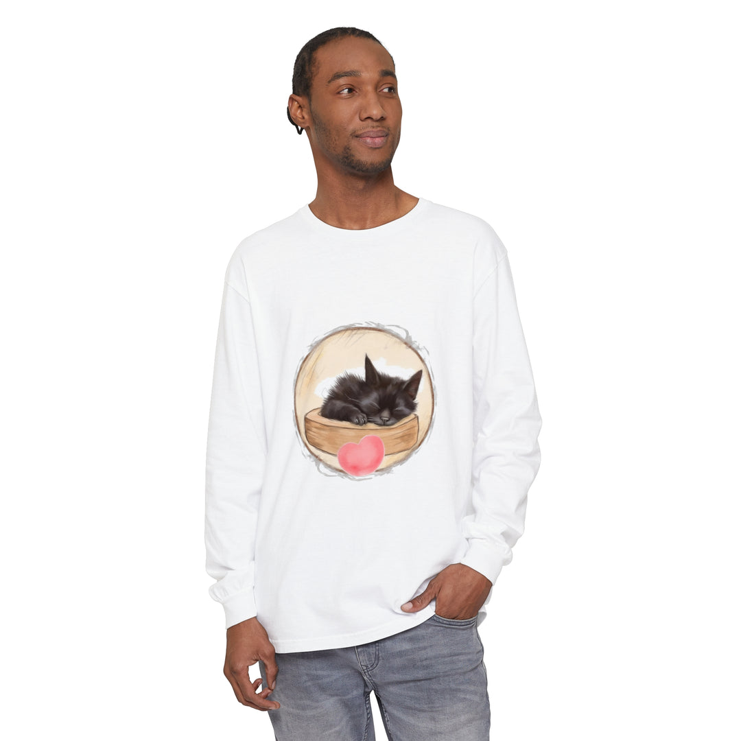 A comfortable unisex t-shirt featuring an adorable sleeping kitten design perfect for bedtime and relaxation