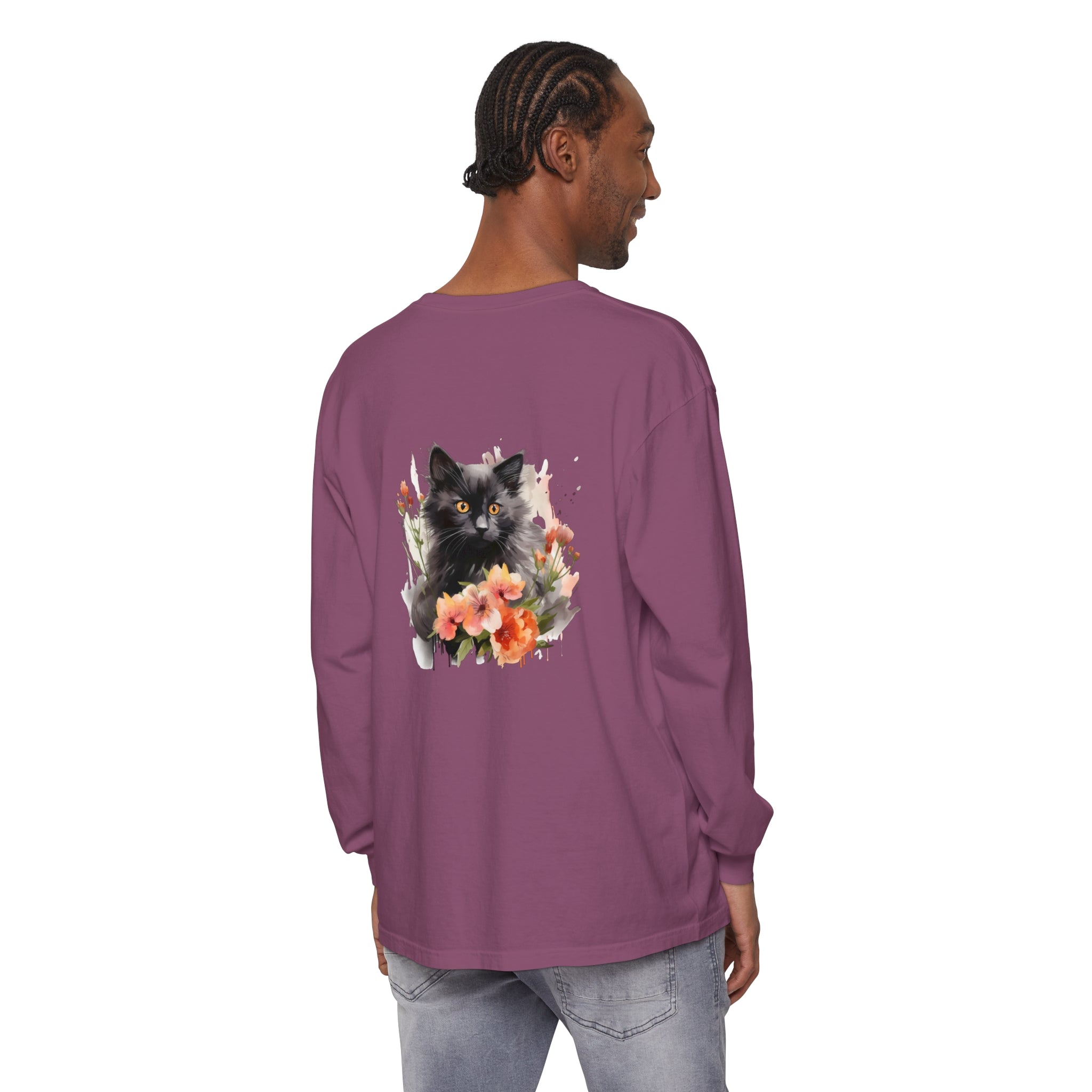 Black Cat & Flowers Watercolor T-Shirt featuring a beautiful watercolor design with a playful black cat surrounded by vibrant flowers