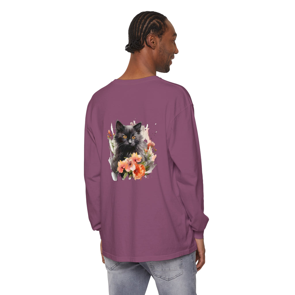 Black Cat & Flowers Watercolor T-Shirt featuring a beautiful watercolor design with a playful black cat surrounded by vibrant flowers