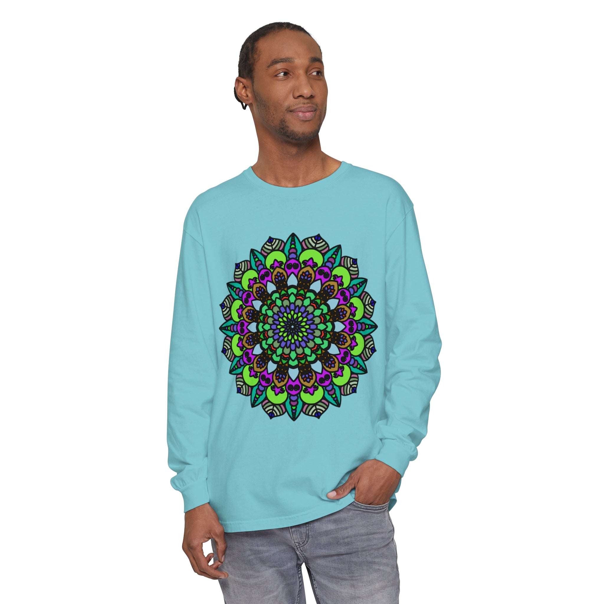 Colorful and intricate psychedelic mandala design printed on a unisex long sleeve t-shirt