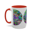 Beautiful, hand-painted ceramic mug featuring a vibrant mandala design in a range of bright colors and intricate patterns