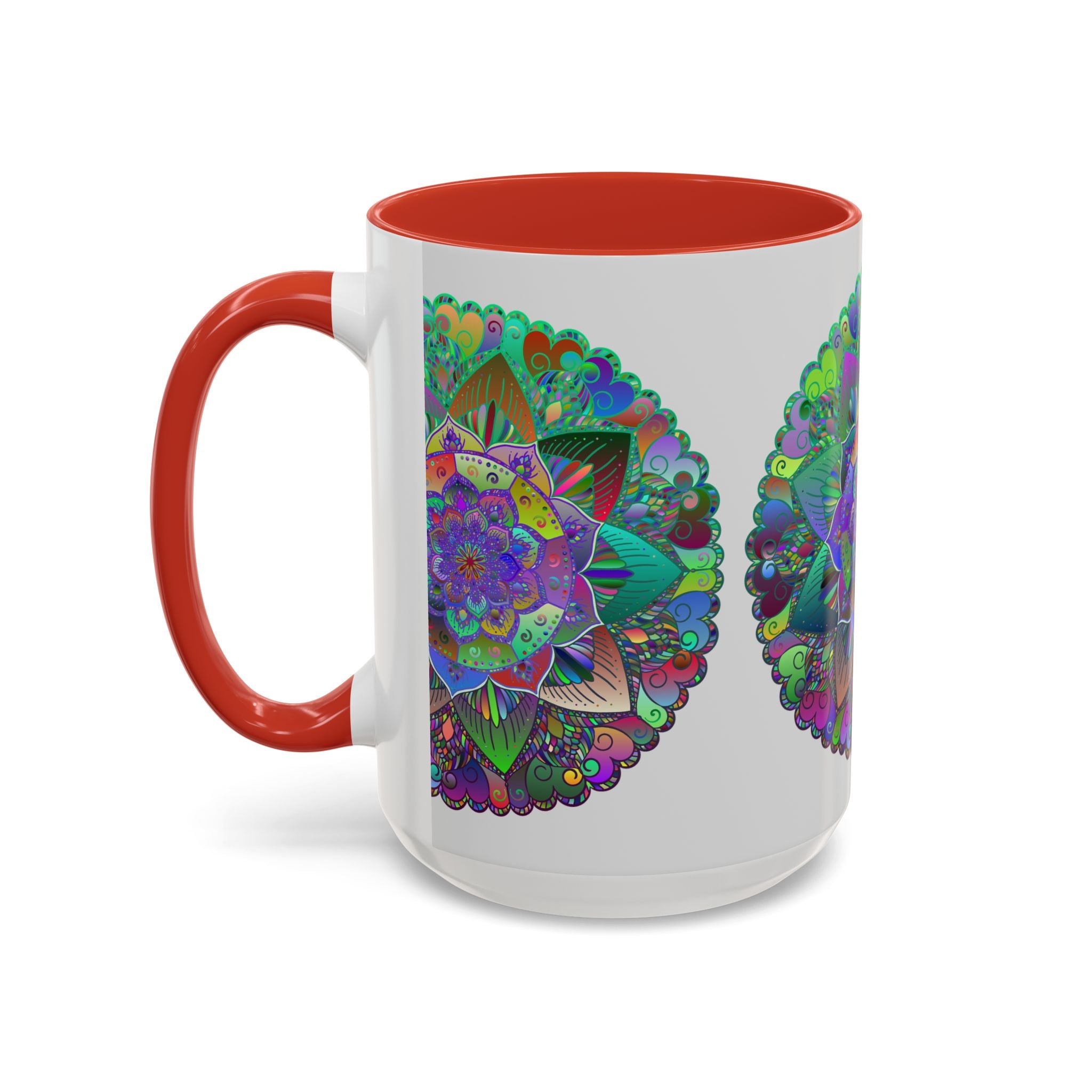 Beautiful, hand-painted ceramic mug featuring a vibrant mandala design in a range of bright colors and intricate patterns