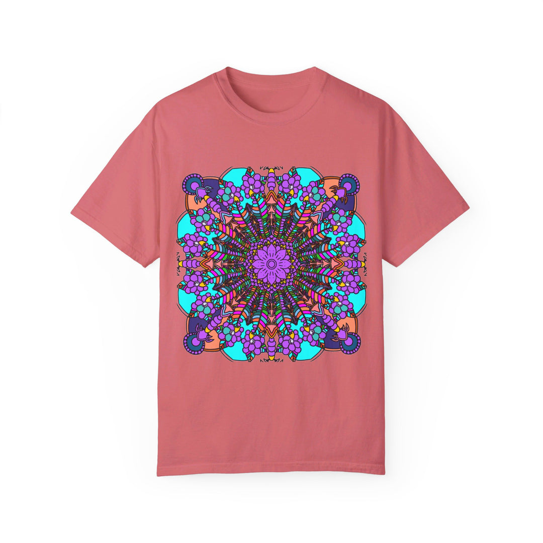 Unisex Mandala T-Shirt made from 100% ring-spun cotton, featuring hand-drawn mandala art and garment-dyed for extra comfort