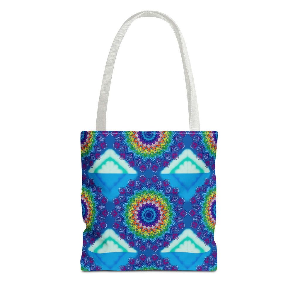 Colorful mandala tote bag with intricate design and vibrant, eye-catching colors