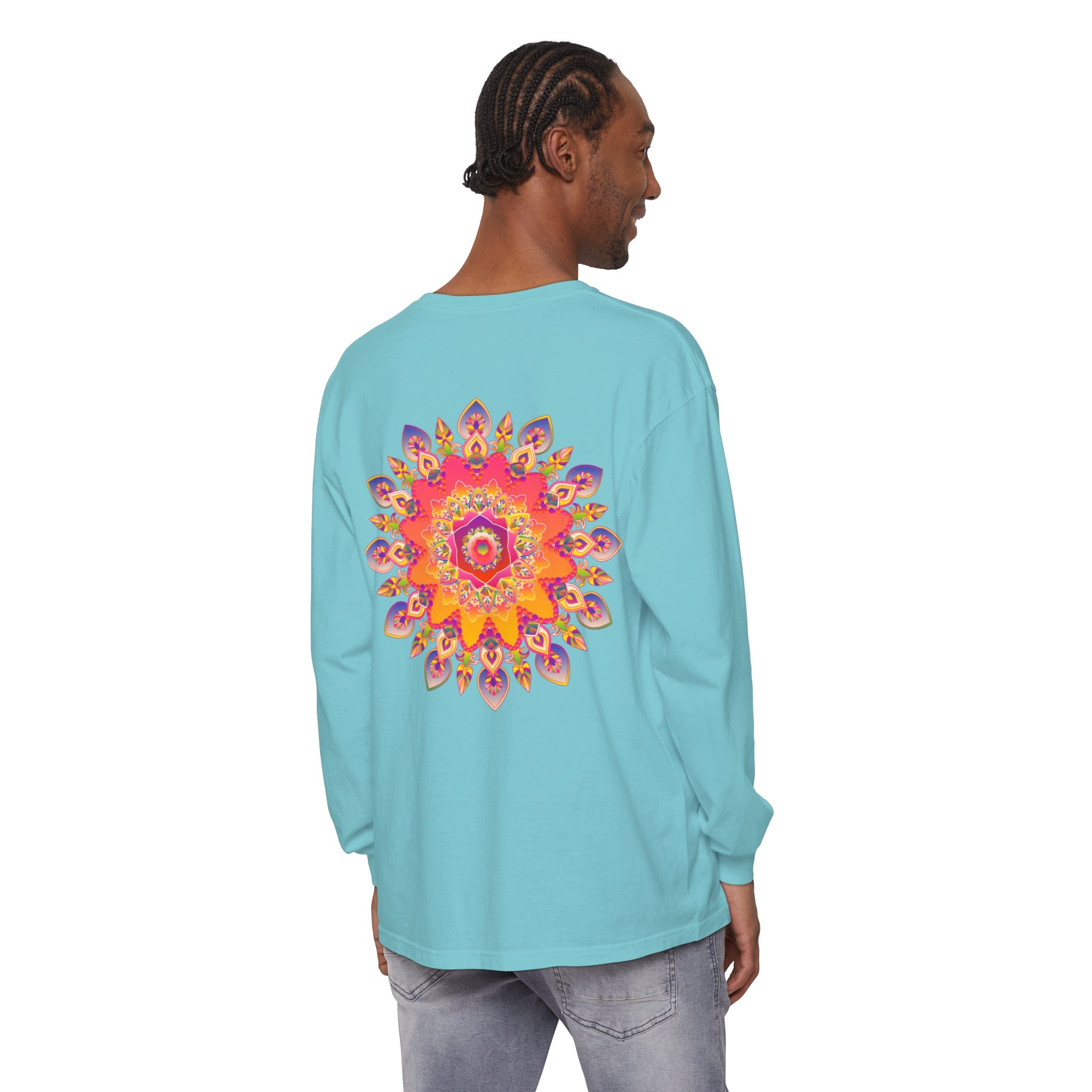 Colorful and intricate mandala design on a unisex long sleeve t-shirt