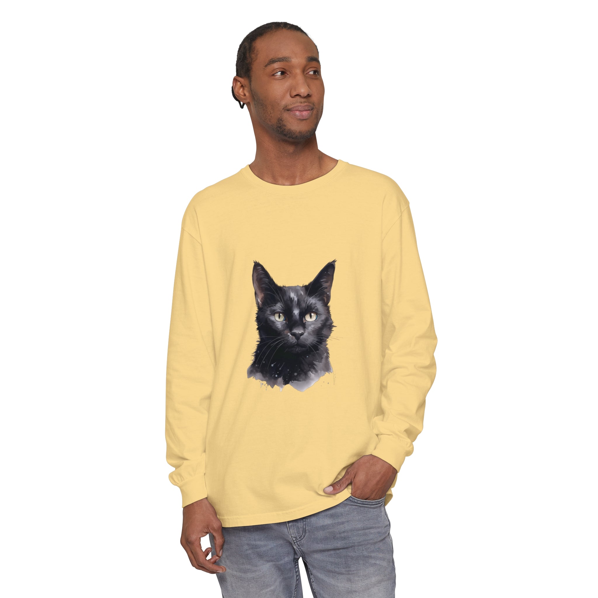 Black Cat Watercolor - Unisex Long Sleeve T-Shirt featuring a vibrant and detailed watercolor design of a black cat on a high-quality, comfortable long sleeve shirt