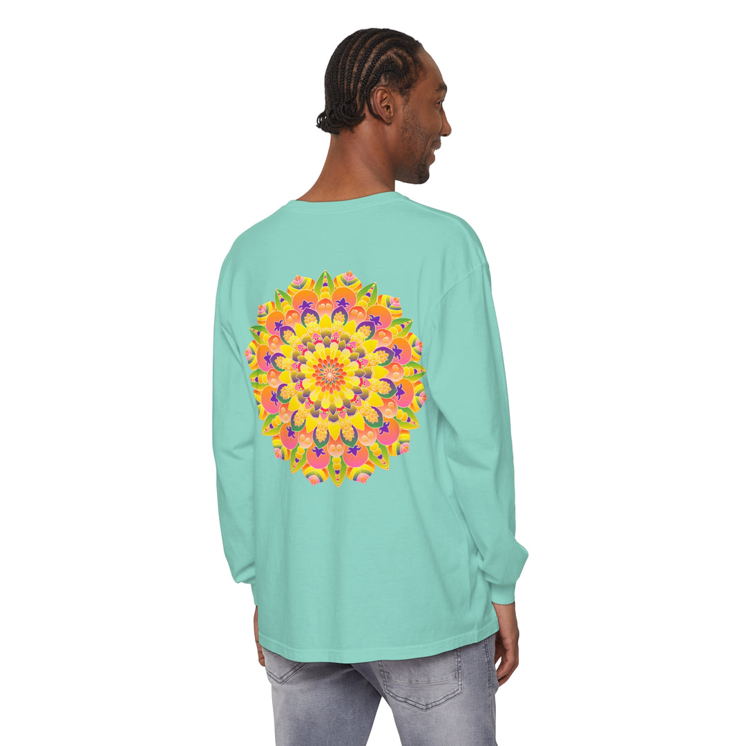 Vibrant Mandala Unisex Long Sleeve T-Shirt featuring intricate, colorful mandala design