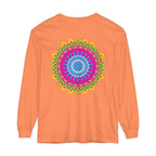 Vibrant and colorful mandala design on a unisex long sleeve t-shirt