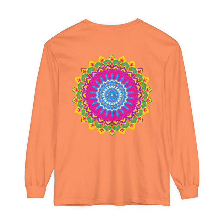 Vibrant and colorful mandala design on a unisex long sleeve t-shirt