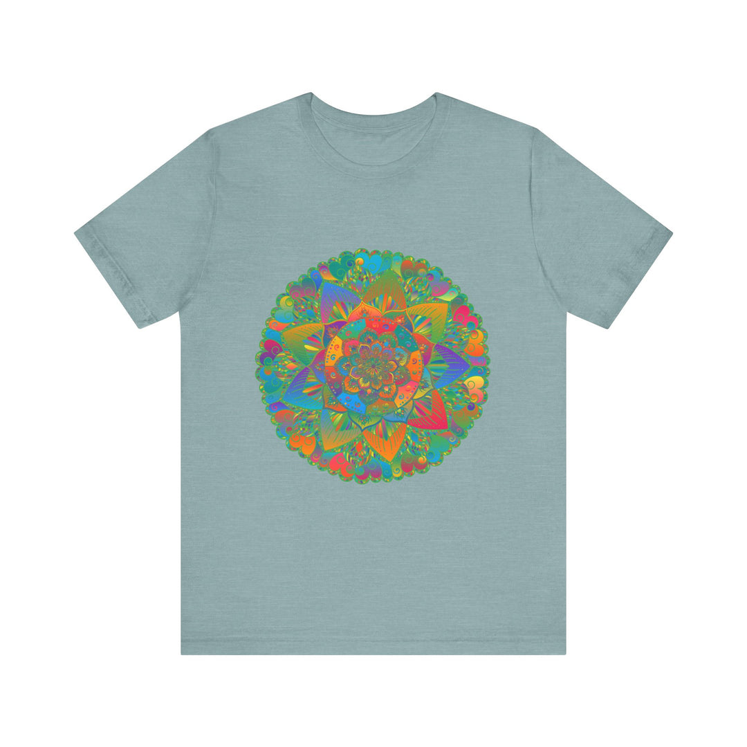 Beautiful vibrant mandala tee with intricate design representing peace and tranquility for a calming and stylish look