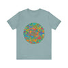 Beautiful vibrant mandala tee with intricate design representing peace and tranquility for a calming and stylish look