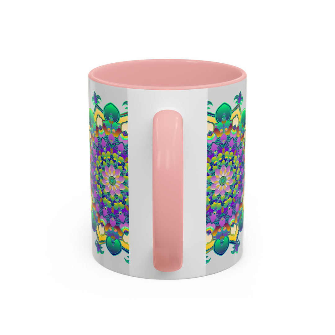 Eye-catching mandala art on a light grey ceramic mug