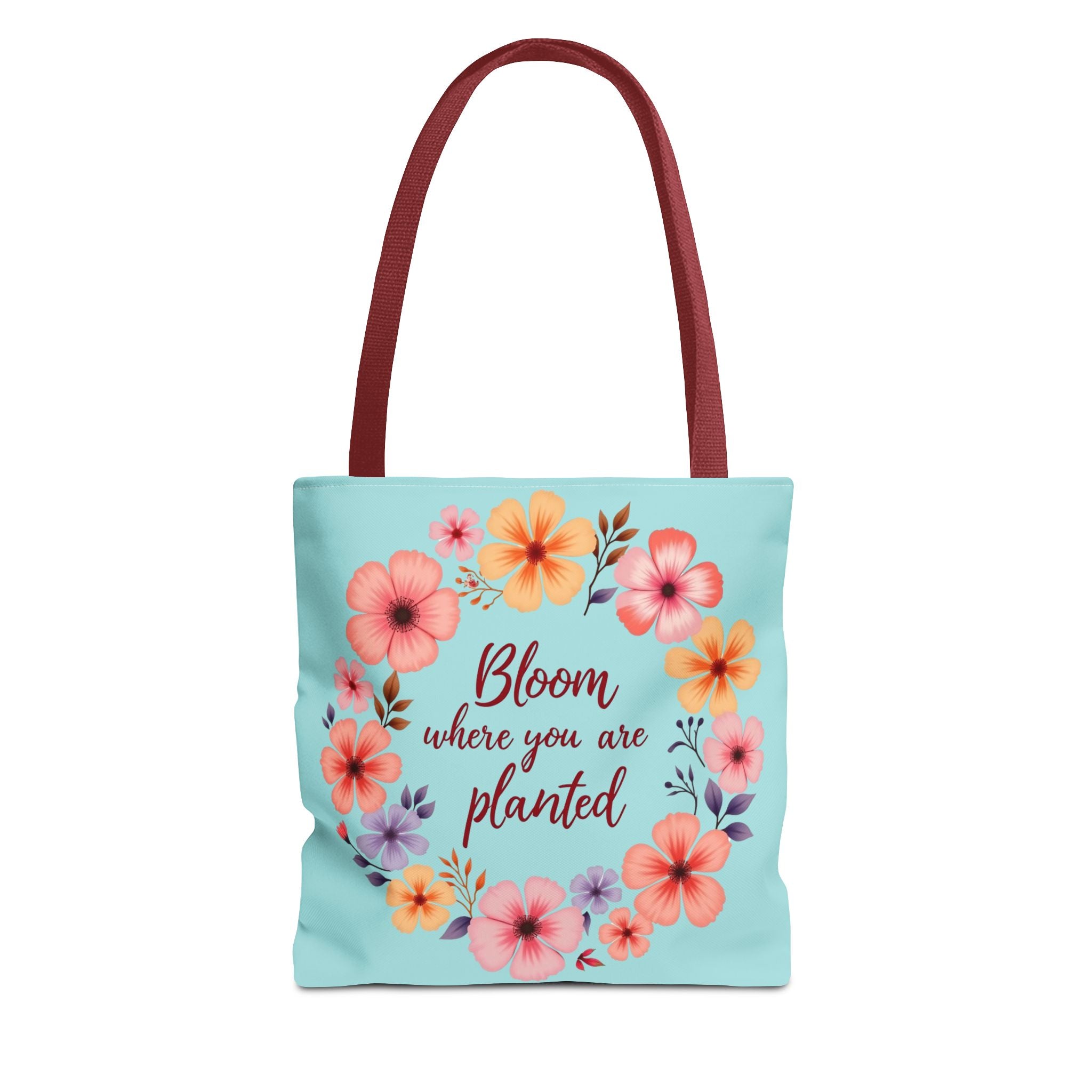 Beautiful floral tote bag with the inspiring quote 'Bloom Where You Are Planted' available in 3 sizes