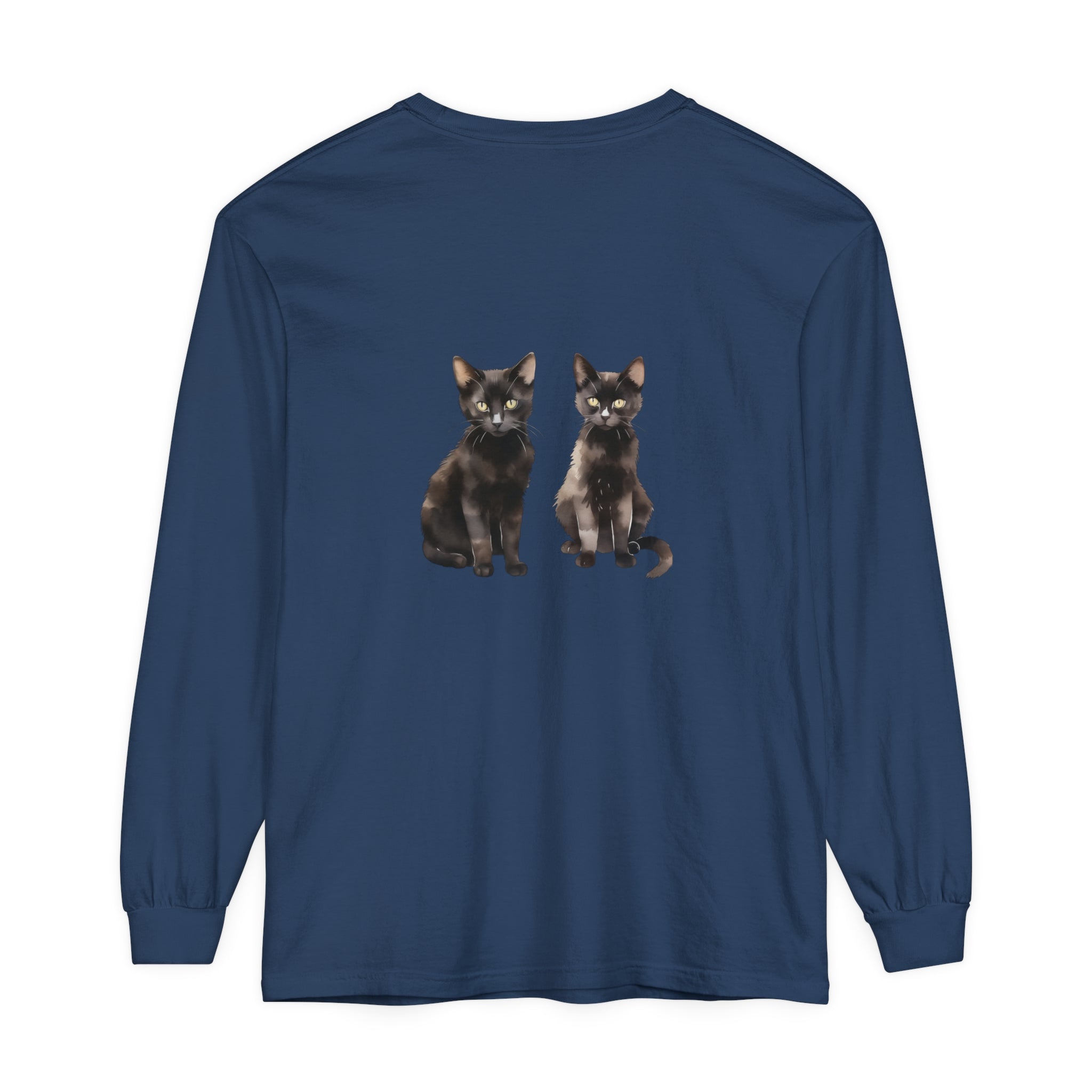 Beautiful and vibrant black cat watercolor art on a long sleeve t-shirt