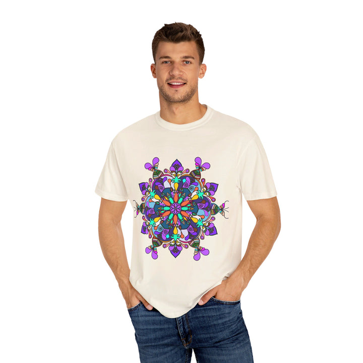 Unisex Mandala T-Shirt featuring intricate hand-drawn mandala art, made from 100% ring-spun cotton and garment-dyed for extra comfort