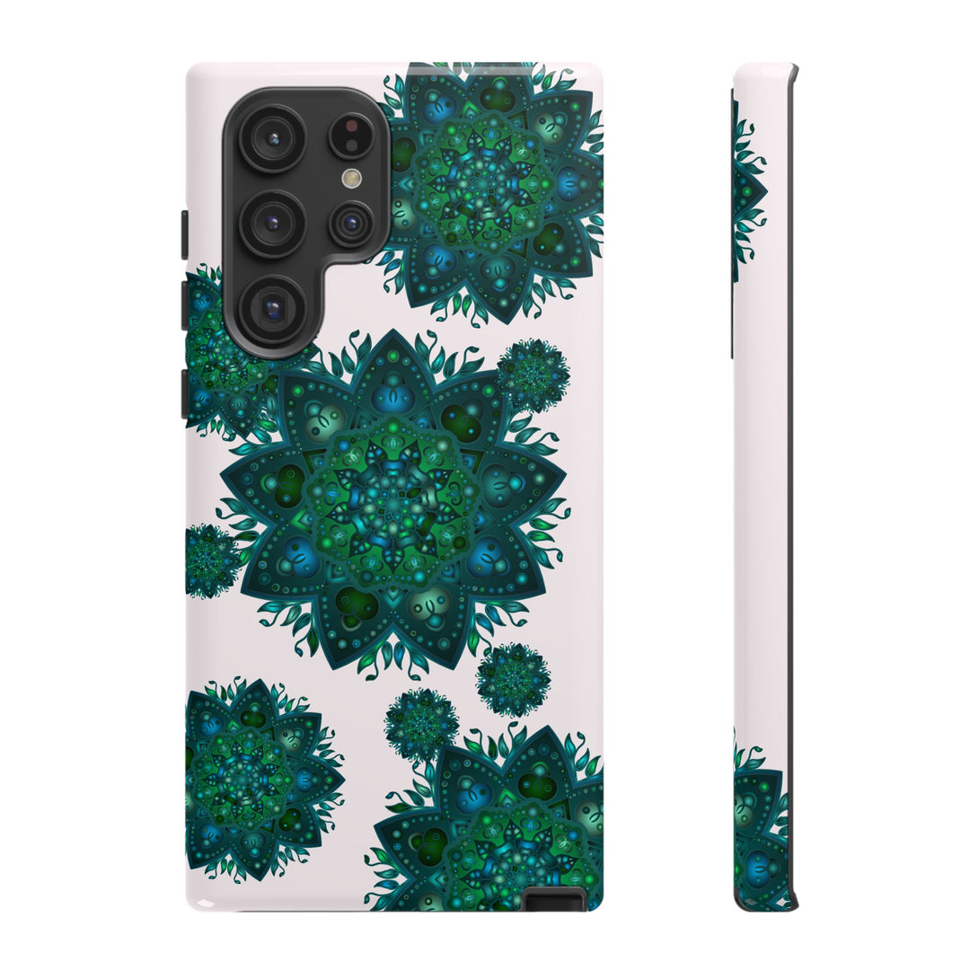 Beautiful light pink and green mandala phone case with a peaceful and intricate design