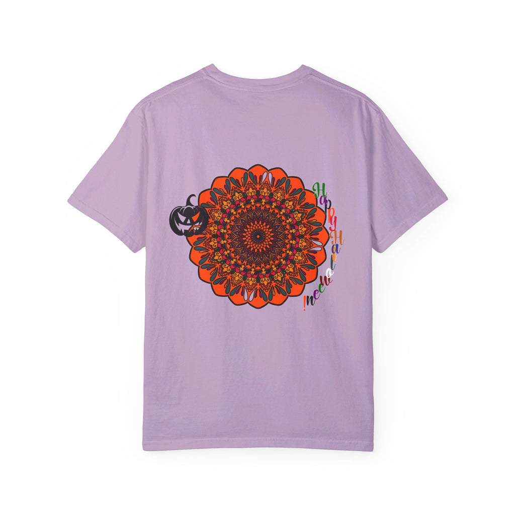 A black unisex Halloween Mandala T-shirt with a hand-drawn pumpkin mandala design on a garment-dyed tee