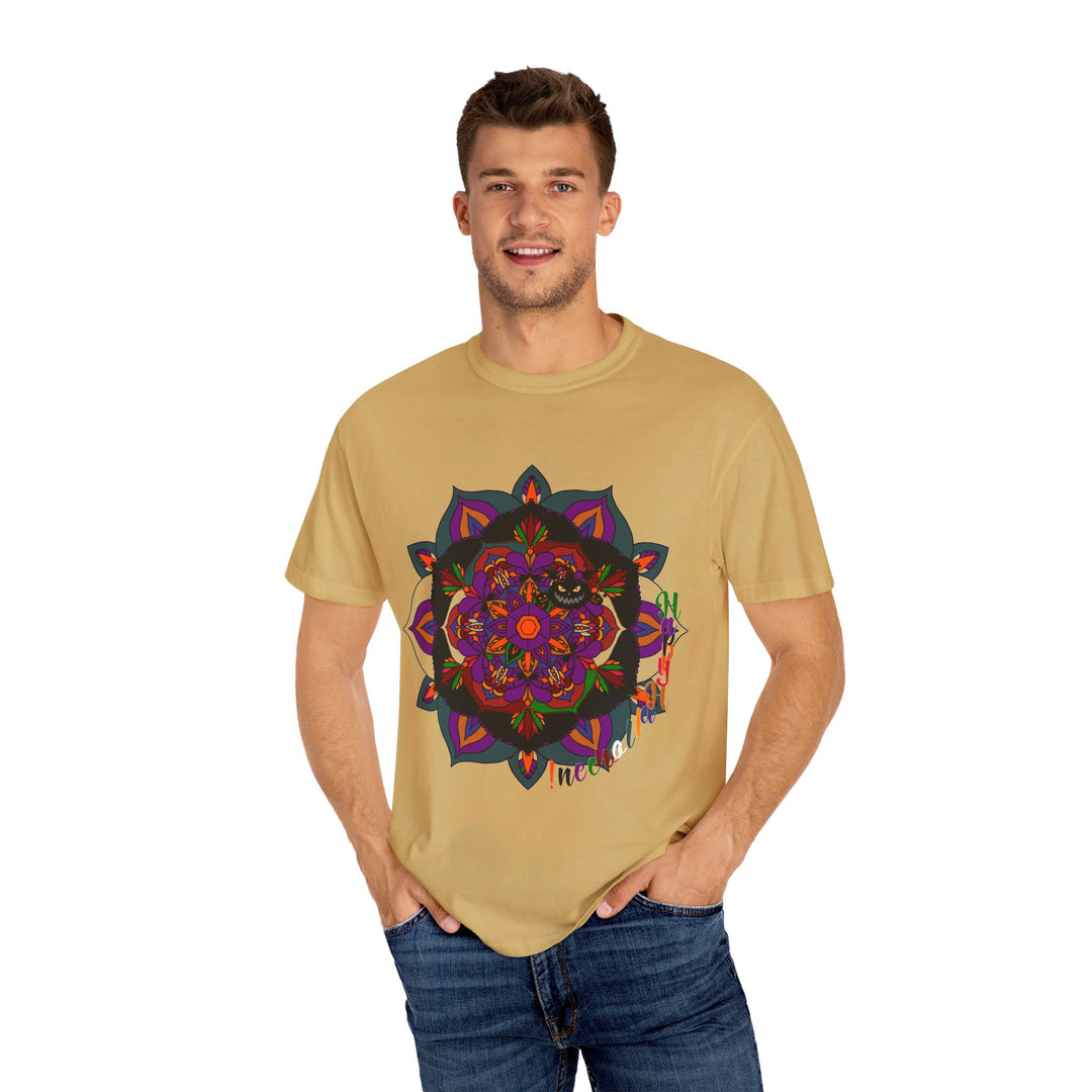 Unisex Halloween Mandala T-shirt featuring handmade pumpkin mandala art and garment-dyed tee